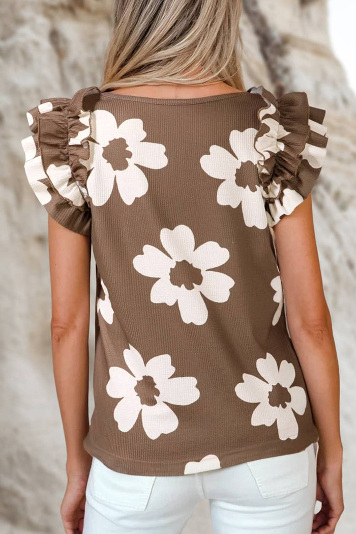 Floral Ruffled Short Sleeve Textured Blouse