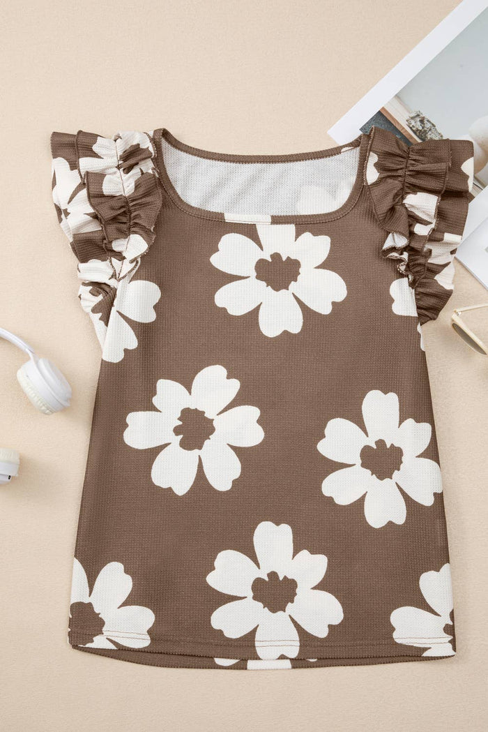 Floral Ruffled Short Sleeve Textured Blouse