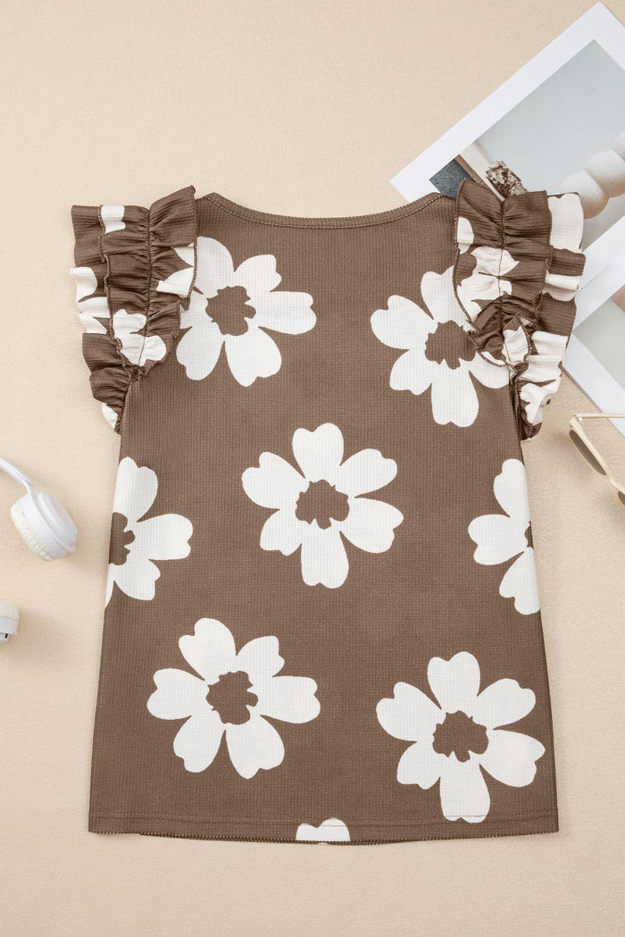 Floral Ruffled Short Sleeve Textured Blouse