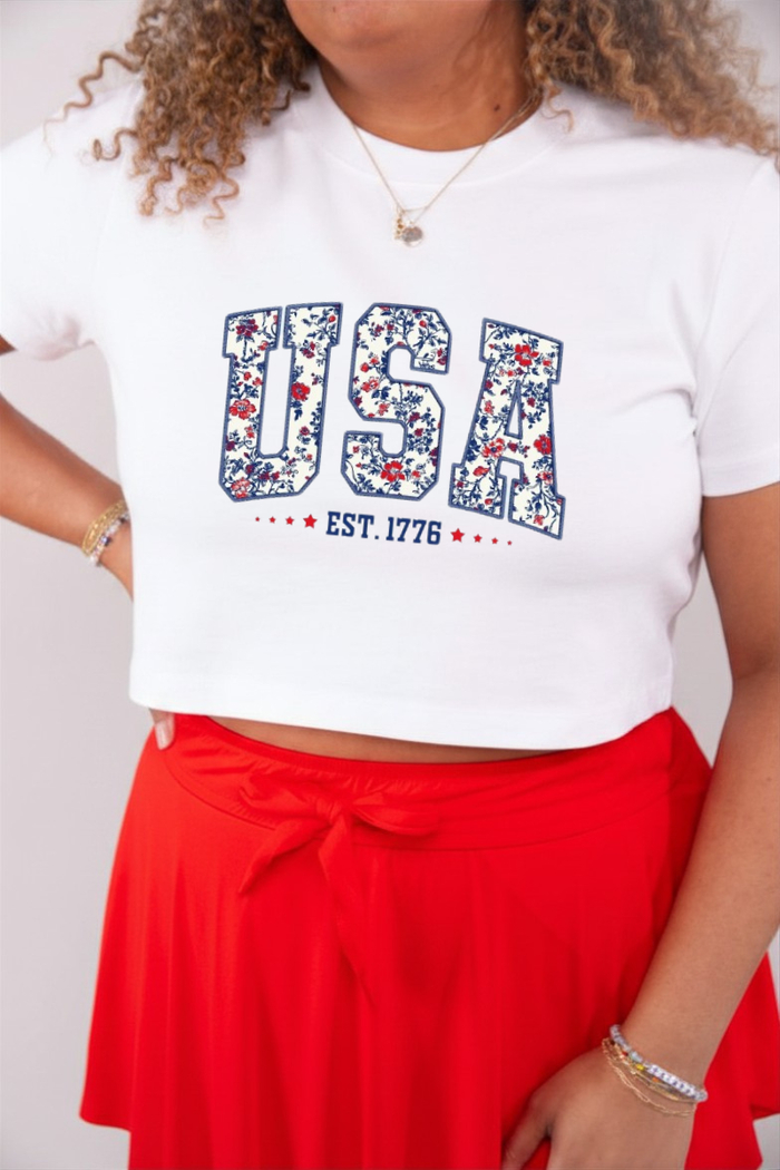 Floral USA Cropped Boxy Tee