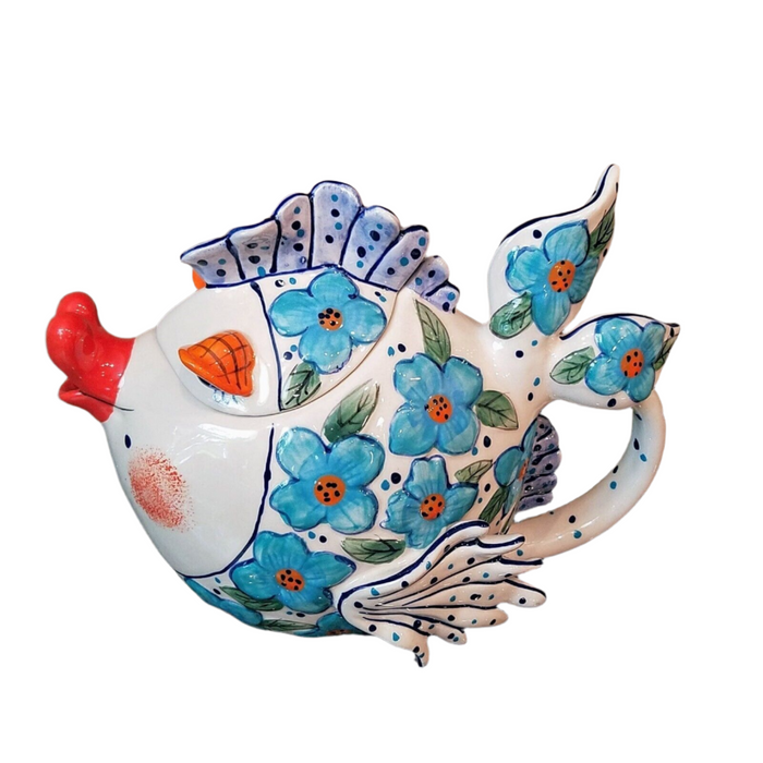 Flower Kissy Fish Teapot Ceramic Tea Pot Embossed Decor Blue Sky Diane Artware
