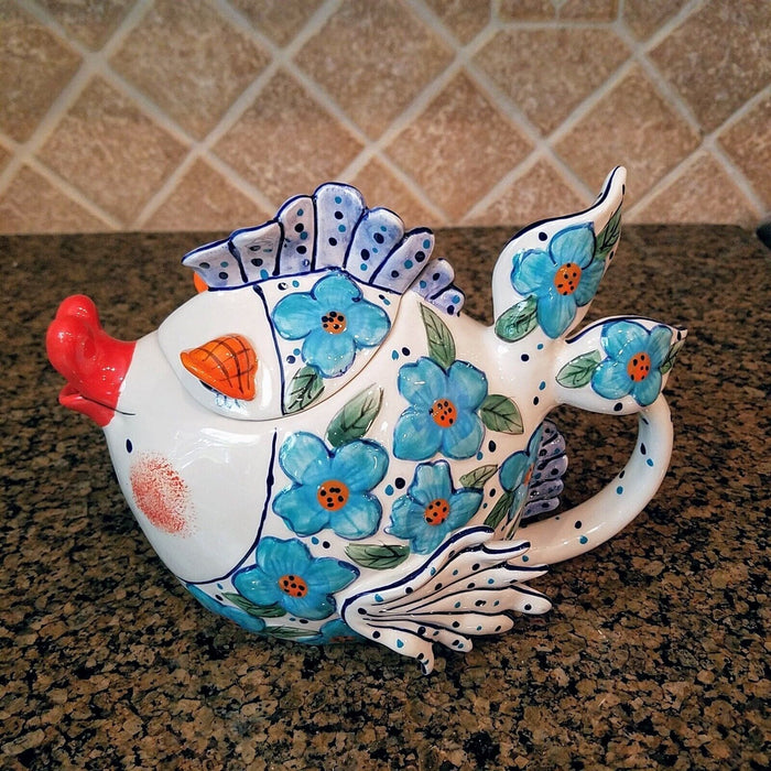 Flower Kissy Fish Teapot Ceramic Tea Pot Embossed Decor Blue Sky Diane Artware