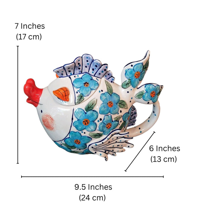 Flower Kissy Fish Teapot Ceramic Tea Pot Embossed Decor Blue Sky Diane Artware