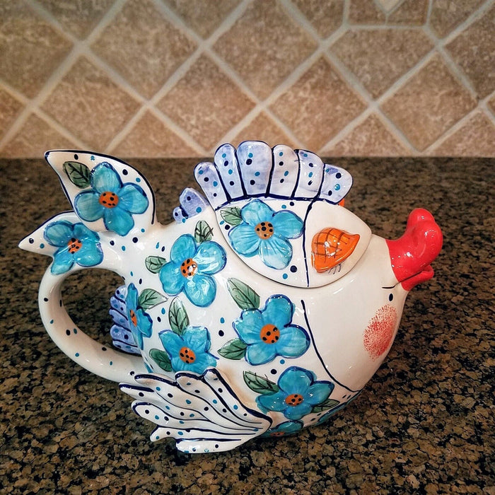Flower Kissy Fish Teapot Ceramic Tea Pot Embossed Decor Blue Sky Diane Artware