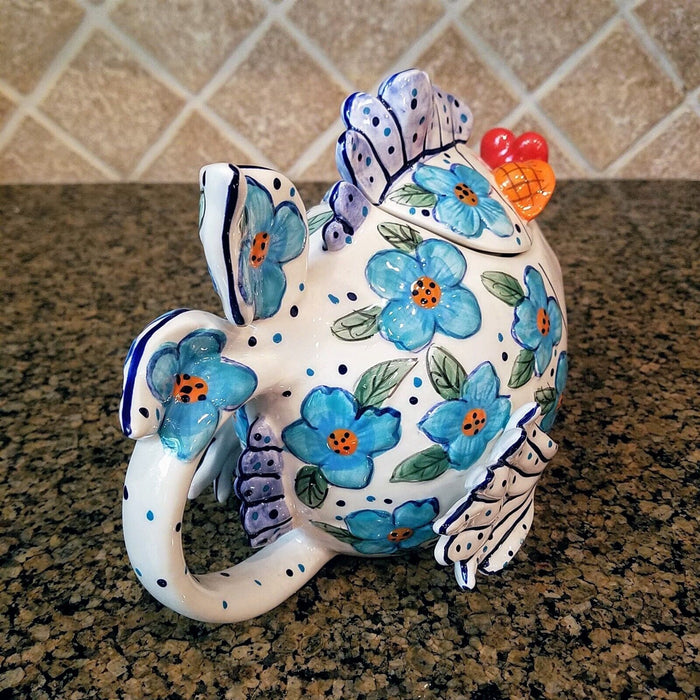 Flower Kissy Fish Teapot Ceramic Tea Pot Embossed Decor Blue Sky Diane Artware