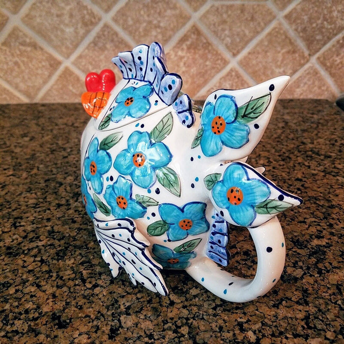 Flower Kissy Fish Teapot Ceramic Tea Pot Embossed Decor Blue Sky Diane Artware