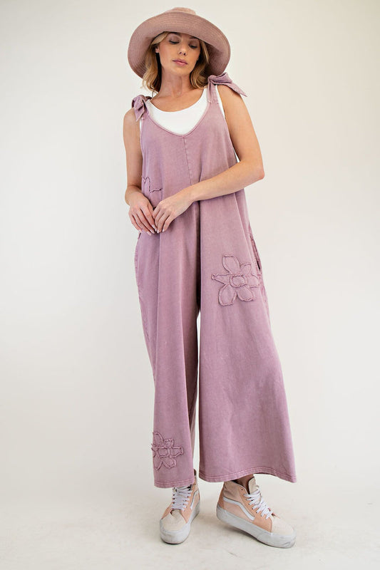 FLOWER PATCH MINERAL WASHED TERRY KNIT JUMPSUIT (3 COLORS)
