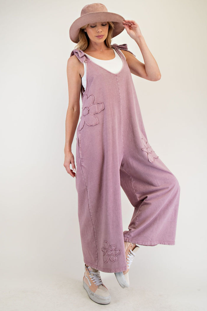 FLOWER PATCH MINERAL WASHED TERRY KNIT JUMPSUIT (3 COLORS)