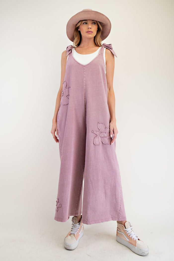 FLOWER PATCH MINERAL WASHED TERRY KNIT JUMPSUIT (3 COLORS)