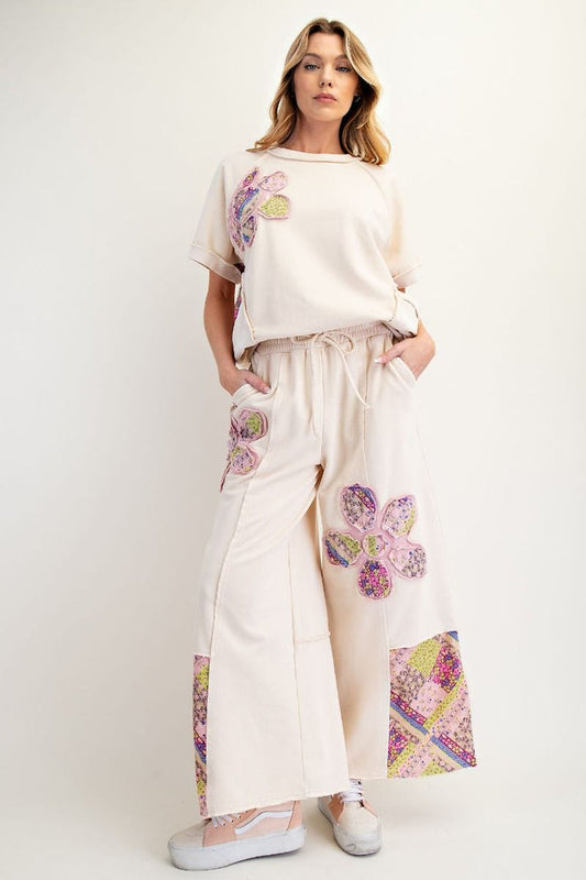 FLOWER PATCH MINERAL WASHED TERRY KNIT PANTS