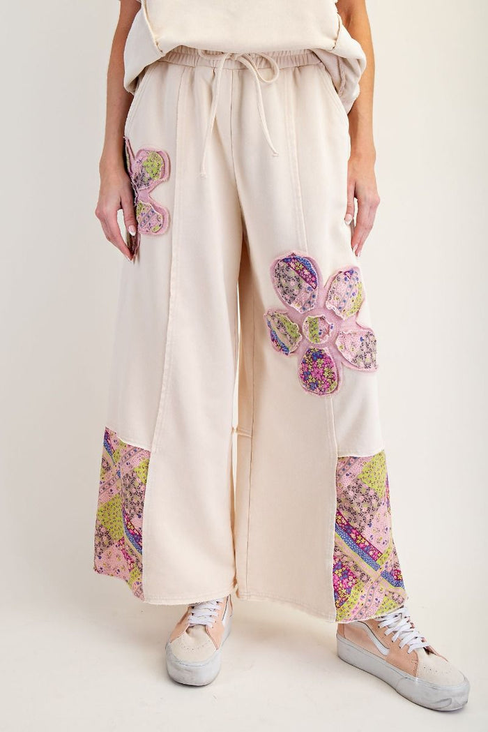 FLOWER PATCH MINERAL WASHED TERRY KNIT PANTS