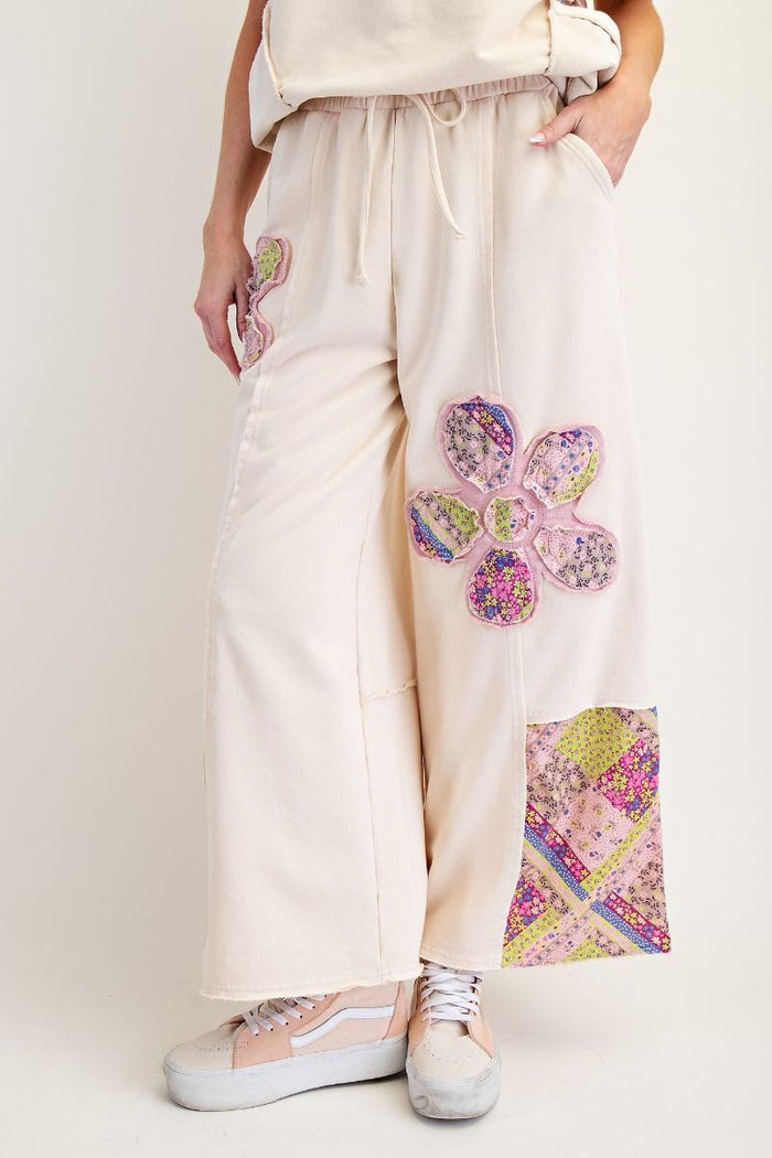FLOWER PATCH MINERAL WASHED TERRY KNIT PANTS