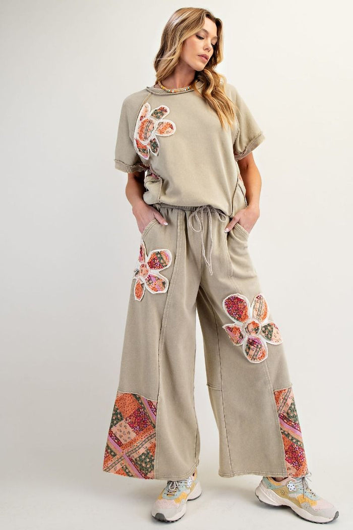 FLOWER PATCH MINERAL WASHED TERRY KNIT PANTS