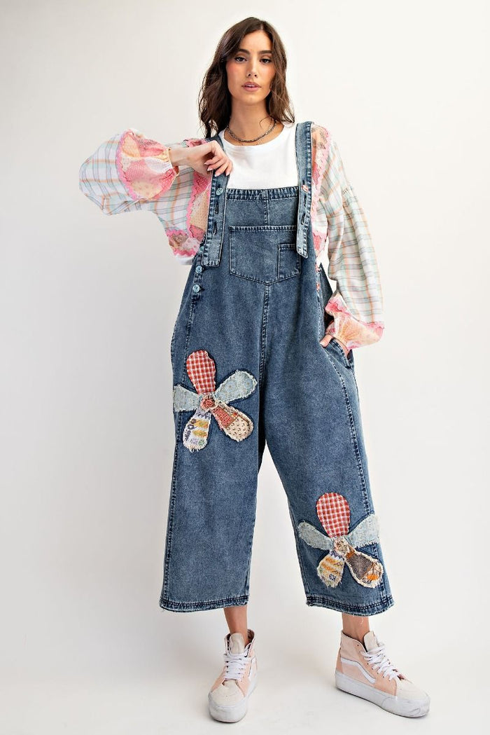 FLOWER PATCH WASHED DENIM OVERALLS