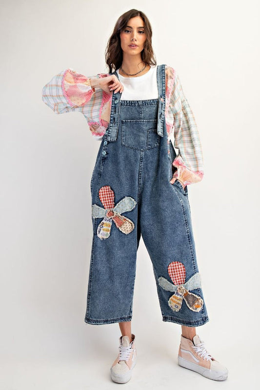FLOWER PATCH WASHED DENIM OVERALLS