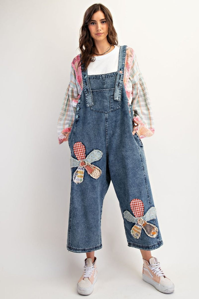 FLOWER PATCH WASHED DENIM OVERALLS