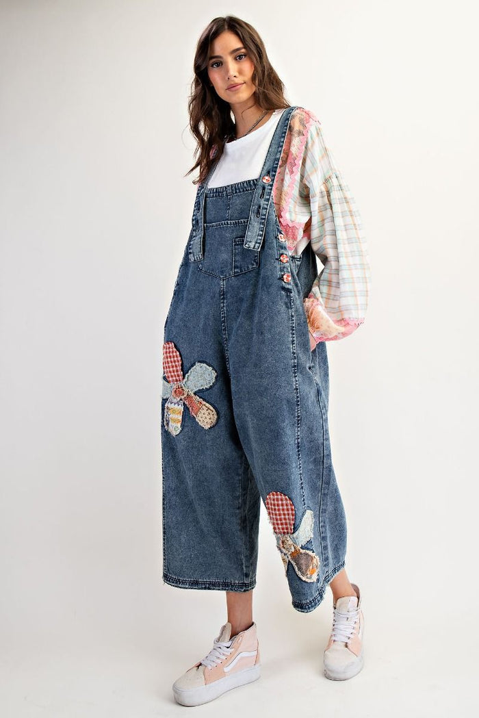 FLOWER PATCH WASHED DENIM OVERALLS