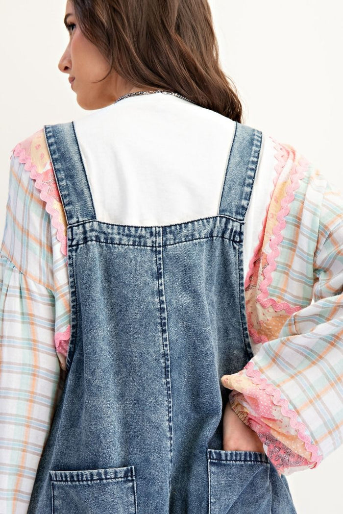 FLOWER PATCH WASHED DENIM OVERALLS