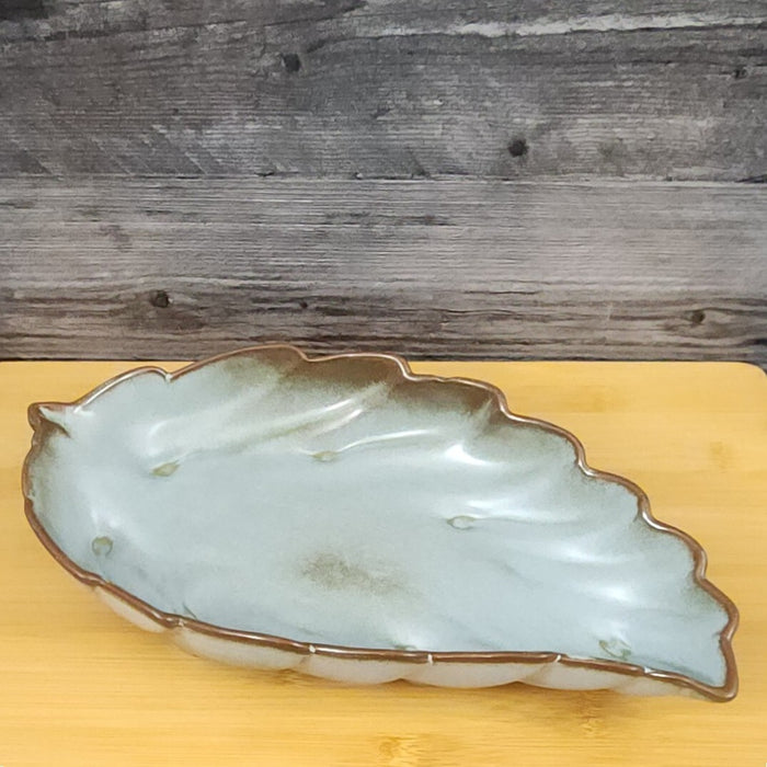 Frankoma Plainsman Woodland Moss Pottery Leaf Dish Bowl Blue Brown Green 12"