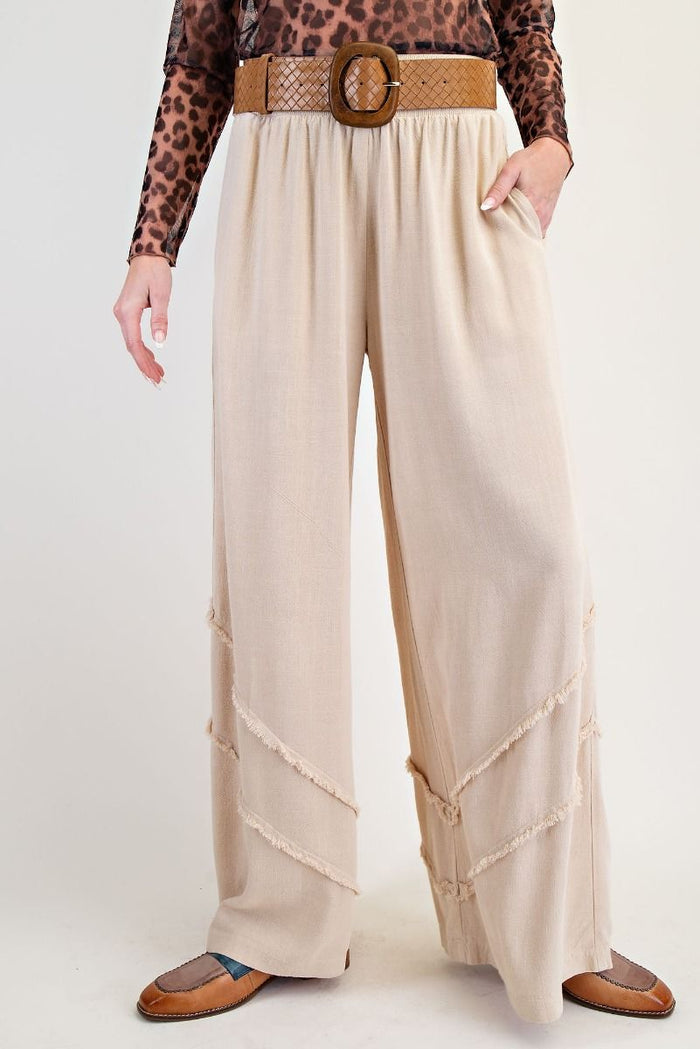 FRAYED RAYON LINEN MINERAL WASHED PANTS (3 COLORS)