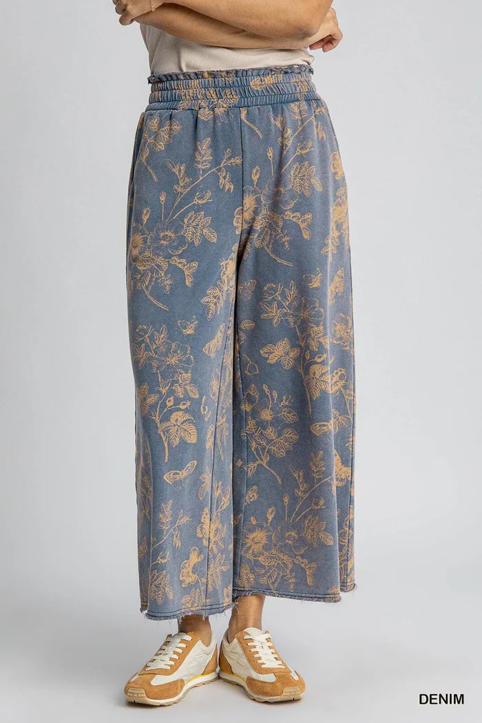 French Terry Floral Print Pants -Denim