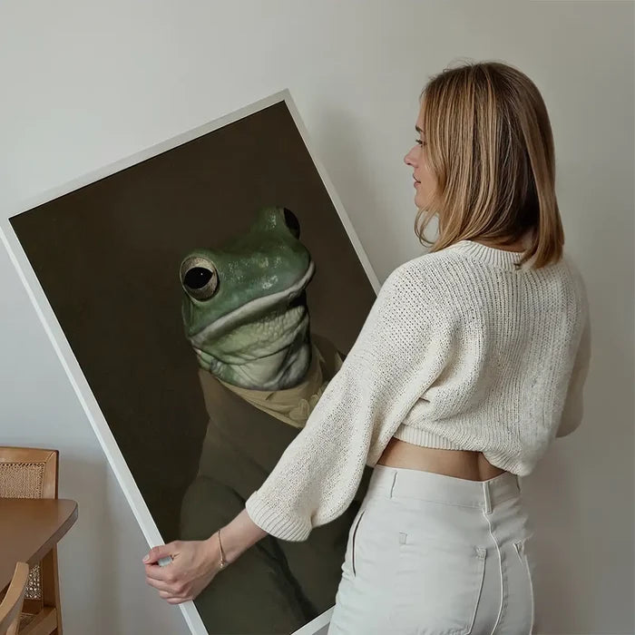 Frog Head Portrait Print held up against a living room wall