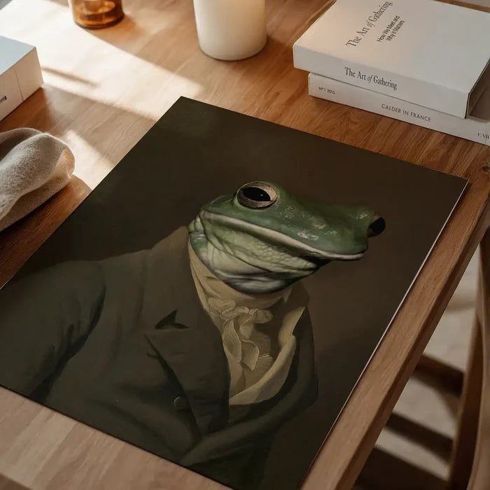 Frog Head Portrait Print, quirky altered art print unframed on a home office desk
