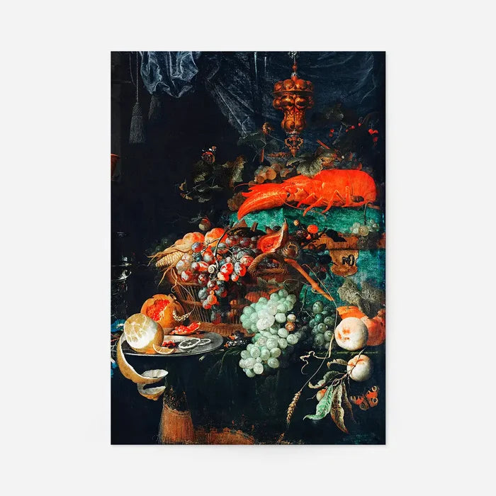 Fruits and lobster Vintage Print by Abraham Mignon, quirky altered art print, unframed in orange