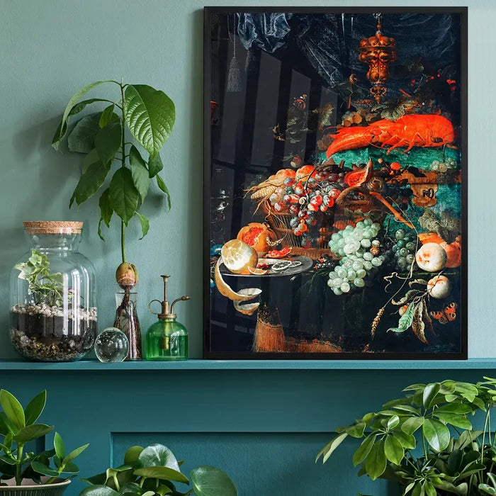 Fruits and lobster Vintage Print by Abraham Mignon, quirky altered art print black framed on a living room shelf