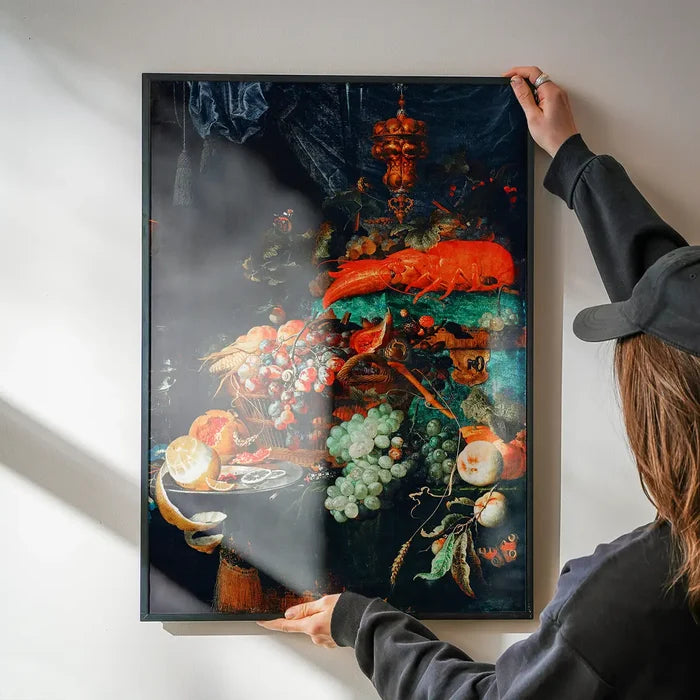 Fruits and lobster Vintage Print by Abraham Mignon being hung on a wall in a black frame