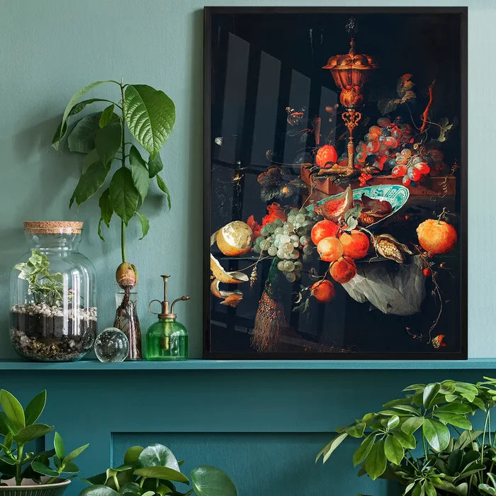 Fruits art Vintage Print by Abraham Mignon, quirky altered art print black framed on a living room shelf
