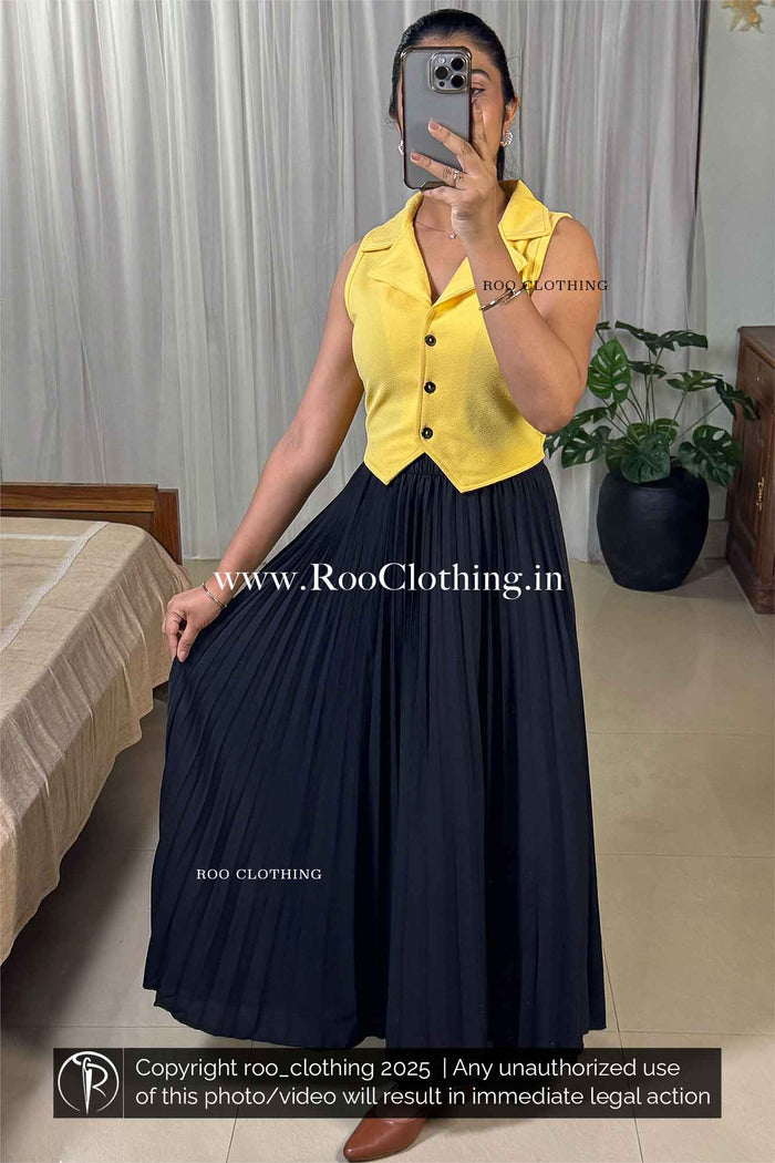 Full-Length Plain Black Accordion Pleated Skirt