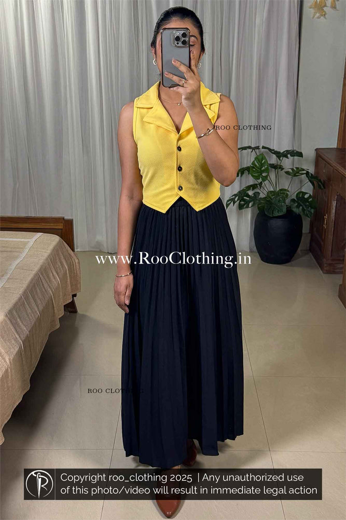 Full-Length Plain Black Accordion Pleated Skirt
