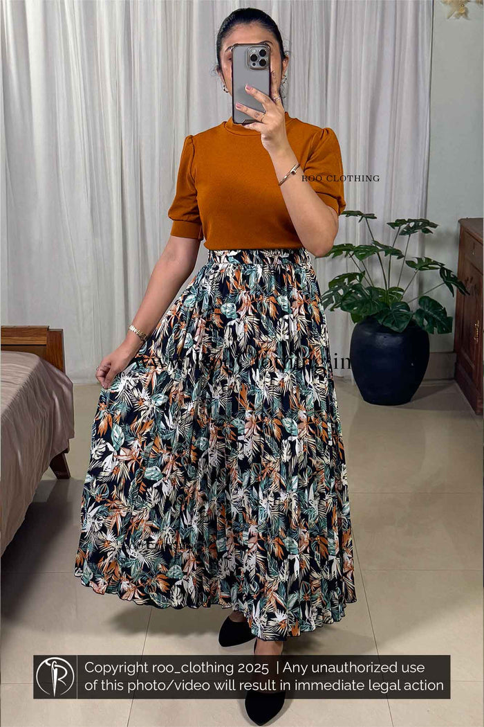 Full Length Retro Summer Leaves Accordion Pleated Skirt