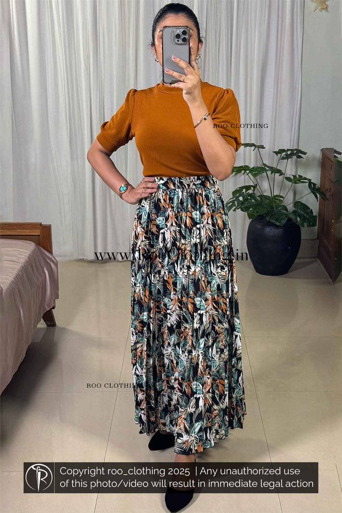Full Length Retro Summer Leaves Accordion Pleated Skirt