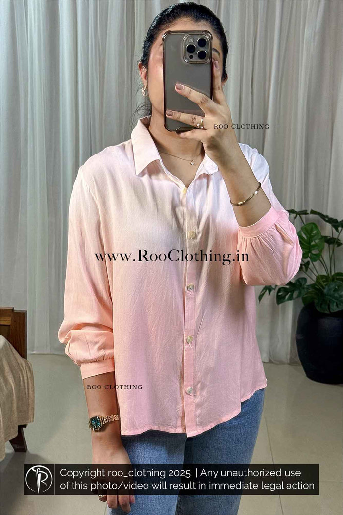 Full Sleeve Blush Peach-Pink Ombre Lightweight Tie-Dyed Loose Fit Women's Shirt