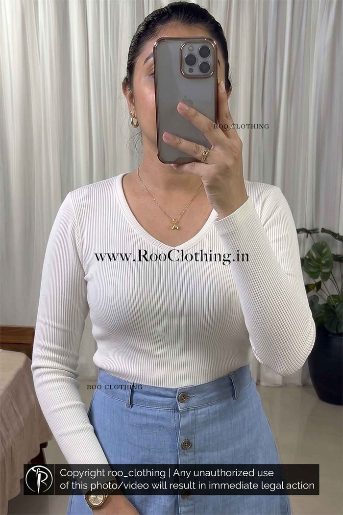 Full Sleeve White V-Neck Ribbed Top