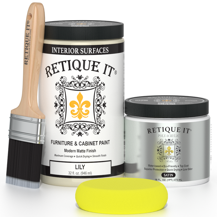 Retique It furniture paint with a brush and sample on a white background