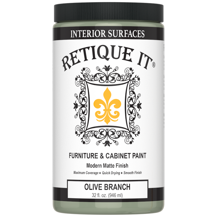 Retique It Olive Branch furniture and cabinet paint in a quart container, showing a smooth, painted wood surface.