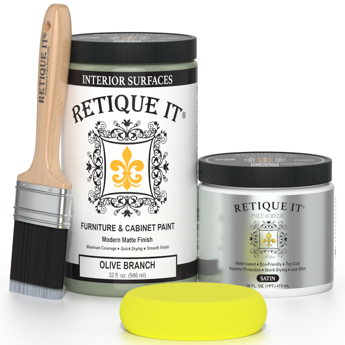 Retique It olive branch furniture and cabinet paint in a quart, showing a smooth, painted furniture surface in natural light.