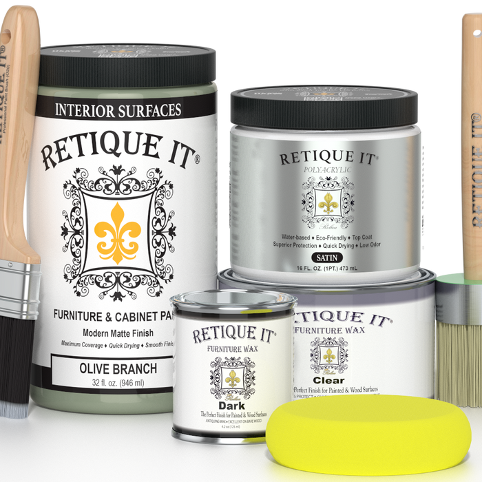 Retique It olive branch furniture and cabinet paint in a quart container, ready for refinishing or updating furniture surfaces.