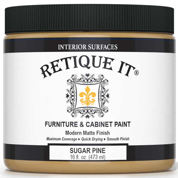 Retique It Furniture & Cabinet Paint in Sugar Pine, 16 fl. oz. jar with a black lid and modern matte finish label.