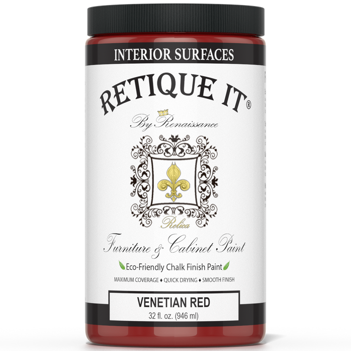 Retique It furniture and cabinet paint in Venetian Red quart, showing a close-up of the vibrant red paint and brush strokes