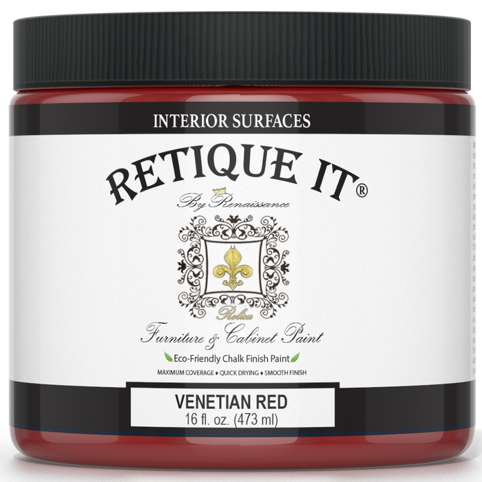 Retique It furniture and cabinet paint in quart size with Venetian Red color, showcasing smooth, vibrant red paint on furniture surface.