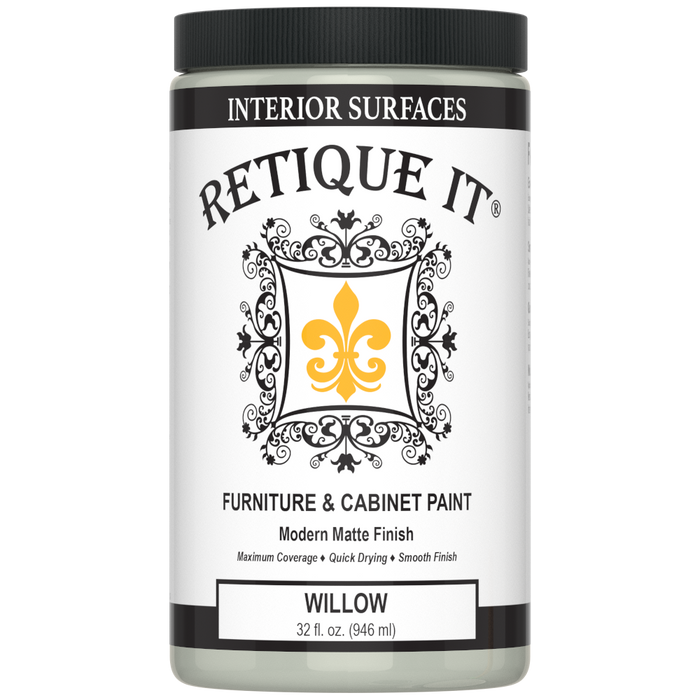 Retique It Furniture and Cabinet Paint in Willow, a close-up of the quart-sized container showing the paint color and branding.