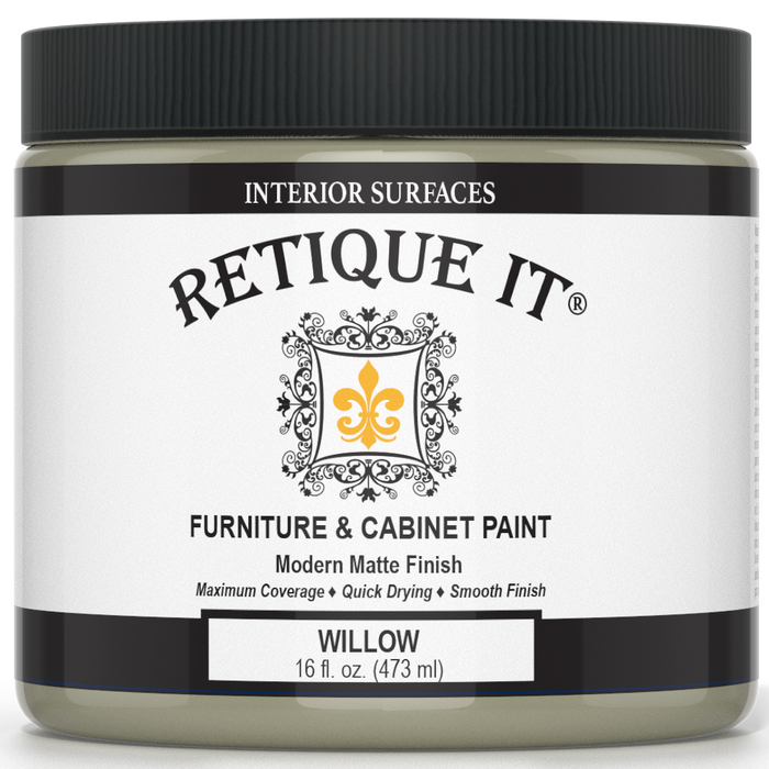 Retique It Furniture & Cabinet Paint in Willow quart, showing the smooth, creamy paint consistency in a container.