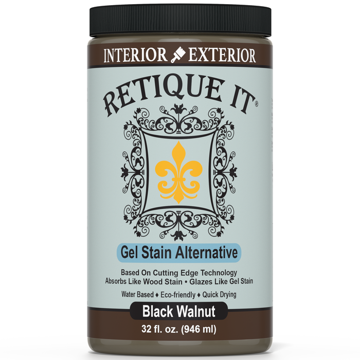 Retique It Black Walnut Gel Stain applied to wood surface, showcasing rich dark finish and smooth application.