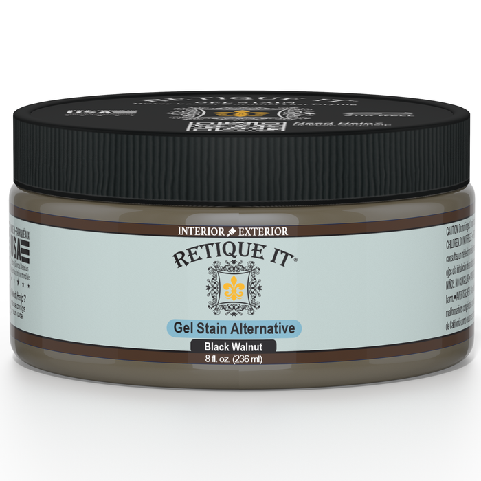 Retique It Black Walnut gel stain applied to wood, showcasing deep, rich dark brown finish for furniture or woodworking projects.