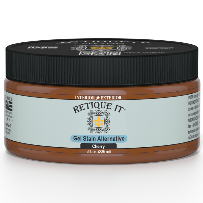 Retique It Cherry Gel Stain applied on wood surface, showcasing deep red color and glossy finish for furniture or crafts.