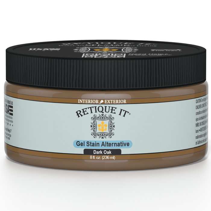 Retique It Gel Stain in Dark Oak showing the smooth application and rich wood finish on a surface.